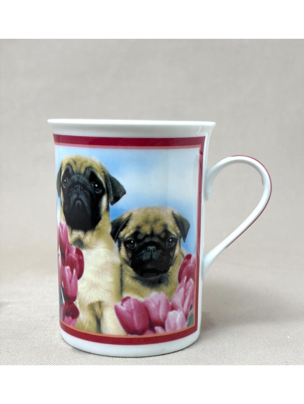 Danbury Mint Purely Pugs Tulip Time Porcelain Coffee Mug Pug Puppy Dog Floral